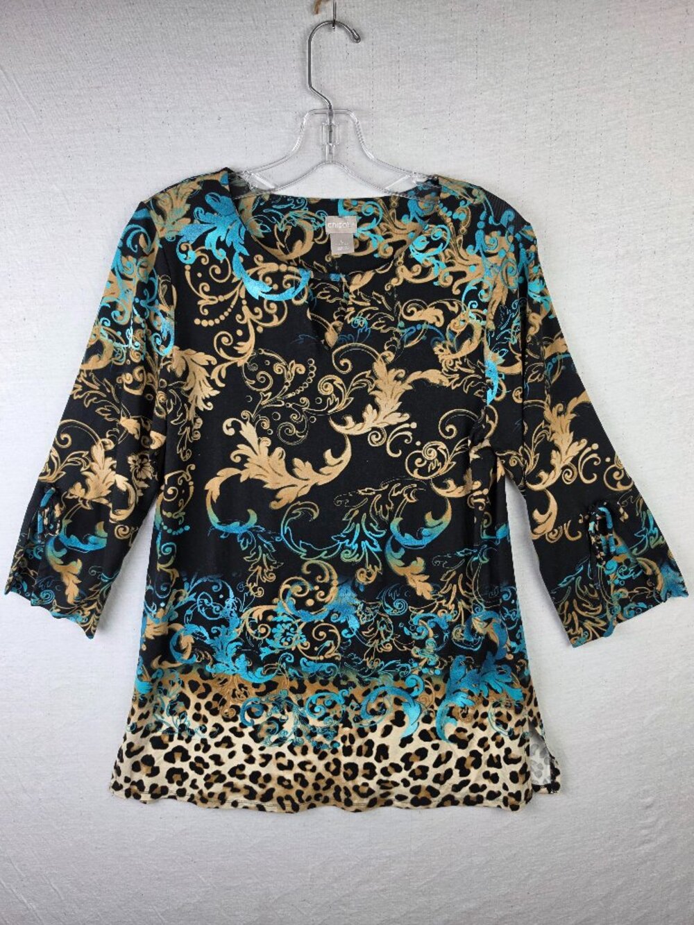 Chico's Tunic Top Rayon Stretch Baroque Floral Animal Print Art-to-Wear size S